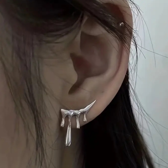 Water Drop Earrings Liquid Slide Design 925 Sterling Silver Minimal - Picture 2 of 6